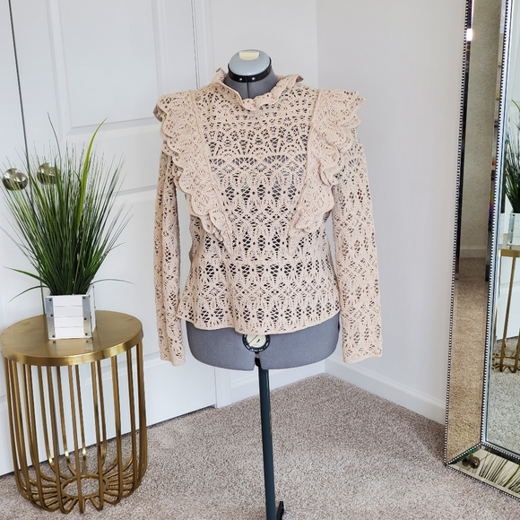 H&M Tops - H&M Women's Crochet Ruffle Blouse, Cream (Size XL)